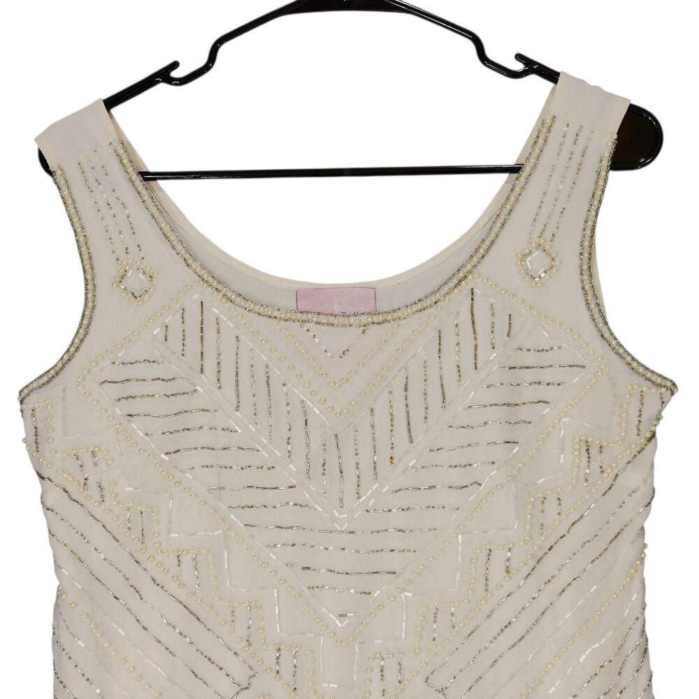 Romeo & Juliet Couture Beaded Sheath Dress sz M Women Mini Cream Pearls Cocktail - Picture 7 of 11